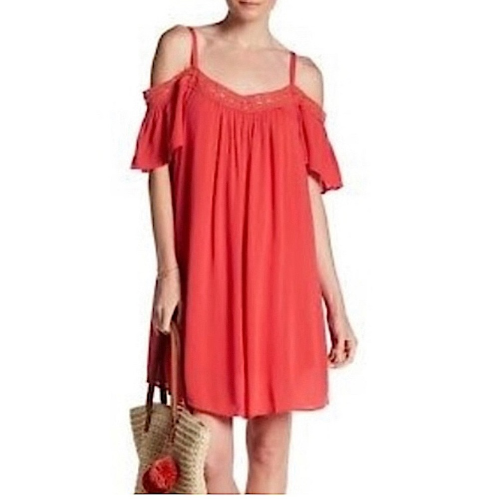 Bobeau Coral Red Off Shoulder Shift Dress